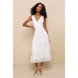 Lulus Confidently Gorgeous Ivory Tulle Embroidered Backless Midi Dress White